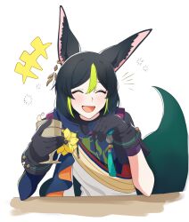 1boy animal_ear_fluff animal_ears black_gloves black_hair closed_eyes cup earrings flower fox_boy fox_ears fox_tail genshin_impact glass gloves green_hair hair_between_eyes highres holding holding_cup hood jewelry male_focus multicolored_hair open_mouth short_hair solo streaked_hair tail tighnari_(genshin_impact) yuki_ma00