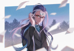 Rule 34 | 1boy, arm up, black jacket, blue hair, blue sky, cellphone, closed mouth, collar, collared jacket, eyeshadow, facial mark, fate/grand order, fate (series), forest, glasses, highres, holding, holding phone, jacket, long hair, long sleeves, looking at viewer, makeup, male focus, multicolored hair, nature, phone, shi huang di (fate), shirt, sky, soladreamer, solo, two-tone hair, upper body, white shirt, yellow eyes