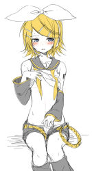 Rule 34 | 1girl, arm tattoo, bare shoulders, blonde hair, blue eyes, blush, bow, breasts, clothes lift, crop top, detached sleeves, embarrassed, groin, hair bow, hair ornament, hairclip, headphones, headset, implied fingering, implied masturbation, kagamine rin, legs together, limited palette, midriff, navel, neckerchief, open fly, panties, pantyshot, parted lips, sailor collar, sexually suggestive, shirt, shirt lift, short hair, shorts, sitting, sketch, sleeveless, sleeveless shirt, small breasts, solo, sudachi (calendar), sweat, sweatdrop, tattoo, treble clef, underboob, underwear, undone neckerchief, undressing, unzipped, vocaloid