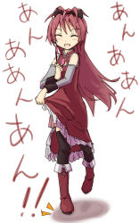 Rule 34 | 1girl, araco, black thighhighs, boots, bow, closed eyes, detached sleeves, female focus, full body, hair bow, long hair, magical girl, mahou shoujo madoka magica, mahou shoujo madoka magica (anime), marisa stole the precious thing, parody, ponytail, red hair, sakura kyoko, solo, thighhighs, white background