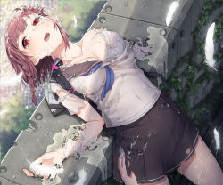 Rule 34 | 1girl, amputee, android, android girl (itou), backpack, bag, blurry, blush, bra, braid, breasts, cleavage, collarbone, commentary request, covered navel, cowboy shot, crying, crying with eyes open, damaged, depth of field, feathers, from above, highres, itou (onsoku tassha), lace, lace-trimmed bra, lace trim, lying, mechanical parts, medium breasts, notebook, on back, open mouth, original, outdoors, panties, plant, pleated skirt, purple hair, school uniform, serafuku, shirt, short hair, side-tie panties, side braid, skirt, solo, streaming tears, suggestive fluid, tears, torn clothes, torn shirt, torn skirt, underwear, white bra, white feathers