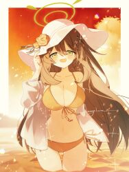 Rule 34 | 1girl, bikini, blue archive, blush, breasts, brown hair, cleavage, cloud, cloudy sky, commentary request, double-parted bangs, flower, front-tie bikini top, front-tie top, green halo, hair between eyes, halo, halterneck, hat, hat flower, highres, jacket, kasuga haruhi, large breasts, light particles, long hair, looking at viewer, midriff, navel, nonomi (blue archive), nonomi (swimsuit) (blue archive), ocean, official alternate costume, open clothes, open jacket, open mouth, orange sky, outdoors, side-tie bikini bottom, sky, smile, solo, sun hat, swimsuit, thighs, twitter username, wading, white hat, white jacket, yellow bikini, yellow eyes, yellow flower