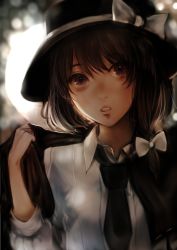 Rule 34 | 1girl, backlighting, blurry, blurry background, bow, brown eyes, brown hair, cape, depth of field, fedora, hair bow, hat, highres, inoe (noie), looking at viewer, necktie, open mouth, parted lips, ribbon, shirt, short hair, solo, touhou, upper body, usami renko, white bow, white shirt