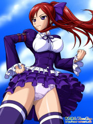 Rule 34 | 1girl, breasts, earrings, erza scarlet, fairy tail, gothic lolita, jewelry, large breasts, lolita fashion, onoe, panties, ponytail, red hair, solo, underwear