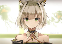 Rule 34 | 1girl, animal ear fluff, animal ears, arknights, bare shoulders, cat ears, choker, closed mouth, collarbone, copyright name, cuy7, detached collar, expressionless, eyelashes, green eyes, jewelry, kal&#039;tsit (arknights), looking at viewer, material growth, off shoulder, oripathy lesion (arknights), pendant, portrait, short hair, silver hair, solo