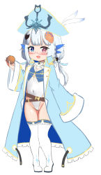 Rule 34 | 1girl, :d, absurdres, bailingxiao jiu, blue coat, blue eyes, blue hat, blush, boots, coat, commentary request, covered navel, fang, feathers, food, frilled coat, frills, fruit, full body, glasses, groin, hair ornament, hat, hat feather, heart, heart-shaped pupils, heterochromia, highres, holding, holding food, leotard, long hair, long sleeves, looking at viewer, low twintails, mandarin orange, open clothes, open coat, open mouth, original, pirate hat, red-framed eyewear, red eyes, semi-rimless eyewear, silver hair, simple background, sleeves past fingers, sleeves past wrists, smile, solo, standing, symbol-shaped pupils, thigh boots, thighhighs, twintails, under-rim eyewear, white background, white feathers, white footwear, white leotard, white thighhighs, wide sleeves