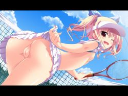 Rule 34 | 10s, 1girl, ass, blonde hair, bottomless, breasts, brown eyes, censored, clothes lift, day, fang, female focus, flat chest, from behind, from below, game cg, highres, imouto paradise!, itou life, letterboxed, looking at viewer, looking back, looking down, mosaic censoring, nanase koharu, nipples, no panties, one eye closed, outdoors, pussy, racket, ribbon, shirt lift, short hair, short twintails, skirt, skirt lift, small breasts, solo, sportswear, tennis, tennis racket, tennis uniform, twintails, visor cap, wink