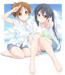 Rule 34 | 2girls, animal print, barefoot, beach, black hair, blue skirt, breasts, brown eyes, brown hair, casual, closed mouth, cloud, collarbone, day, dresstrip, fish print, hair between eyes, hand up, hirasawa ui, k-on!, knees together feet apart, knees up, leaf print, long hair, looking at viewer, multiple girls, nakano azusa, ocean, outdoors, outstretched arm, ponytail, salute, seiza, shirt, shore, short hair, short sleeves, sitting, skirt, sky, smile, split mouth, twintails, two-finger salute, v, water, white shirt