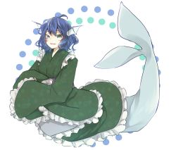 Rule 34 | 1girl, ahoge, aqua eyes, arched back, blue hair, fins, floral print, frilled kimono, frills, green kimono, head fins, highres, japanese clothes, kimono, looking at viewer, mermaid, monster girl, obi, sash, shigure rin, simple background, smile, solo, touhou, wakasagihime, white background, wide sleeves