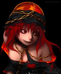 Rule 34 | 1girl, alternate costume, bare shoulders, black background, blood, blood on clothes, blood splatter, breasts, chain, clothes writing, collar, envenomist (gengoroumaru), eyeshadow, fire, gold chain, grin, hat, heart, hecatia lapislazuli, long hair, makeup, red eyes, red hair, shirt, smile, solo, t-shirt, torn clothes, touhou, twitter username