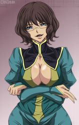 Rule 34 | 00s, 1girl, bad id, bad pixiv id, blue eyes, breast hold, breasts, brown hair, cleavage, crossed arms, curvy, dress, covered erect nipples, female focus, glasses, gundam, gundam 00, large breasts, madhatter hello, open mouth, shirin bakhtiar, short hair, solo