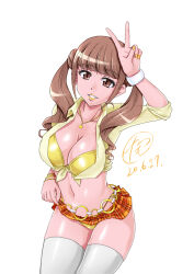 Rule 34 | 1girl, amesuku gyaru, artist name, belly chain, bikini, bikini under clothes, blunt bangs, bracelet, breasts, brown eyes, brown hair, cleavage, clothes lift, collared shirt, commentary request, cowboy shot, dated, front-tie top, grin, gyaru, healin&#039; good precure, highres, hiramitsu hinata, jewelry, kogal, lifting own clothes, long hair, long sleeves, looking at viewer, medium breasts, microskirt, midriff, navel, necklace, orange sky, partial commentary, plaid, plaid skirt, pleated skirt, precure, shirt, signature, skirt, skirt lift, sky, sleeves rolled up, smile, solo, standing, string bikini, swimsuit, tamo (nama-yatsuhashi), thighhighs, twintails, v, white thighhighs, wristband, yellow bikini, yellow shirt