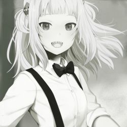 Rule 34 | 1girl, blunt bangs, bow, bowtie, breasts, collared shirt, commentary request, cosplay, gawr gura, greyscale, hair ornament, highres, hiwonoafu, hololive, hololive english, long sleeves, looking at viewer, medium hair, monochrome, open mouth, shark hair ornament, sharp teeth, shirt, small breasts, solo, suspenders, sweetest music, teeth, two side up, upper body, virtual youtuber