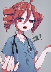 Rule 34 | 1girl, absurdres, ahoge, alternate costume, blue shirt, drill hair, fingernails, grey background, hair between eyes, hands up, highres, kasane teto, looking at viewer, medical scrubs, mekziro, open mouth, red eyes, red hair, shirt, short sleeves, simple background, solo, stethoscope, twin drills, upper body, utau