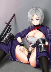 Rule 34 | 1girl, breasts, cameltoe, cleavage, expressionless, fingerless gloves, girls&#039; frontline, gloves, grey eyes, grey hair, gun, h&amp;k mg5, highres, kamui aya, knee pads, large breasts, looking at viewer, machine gun, mg5 (girls&#039; frontline), pink nails, short hair, simple background, sitting, solo, spread legs, weapon