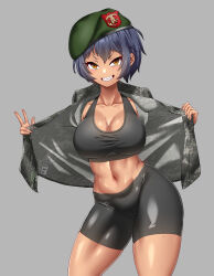 Rule 34 | 1girl, absurdres, beret, bike shorts, black hair, breasts, camouflage, camouflage jacket, collarbone, green hat, hat, highres, hitch (perotoss), jacket, large breasts, looking at viewer, military jacket, navel, open clothes, open jacket, original, sergeant joo, sharp teeth, solo, sweat, tan, tank top, teeth, thighs, toned, w, yellow eyes