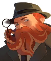 Rule 34 | 1boy, bara, blue eyes, check copyright, coat, copyright request, detective, fedora, hat, holding, holding magnifying glass, long mustache, looking at viewer, looking to the side, magnifying glass, male focus, mature male, necktie, orange hair, original, portrait, short hair, solo, tentacle beard, thick eyebrows, venkman (venkpng), white background