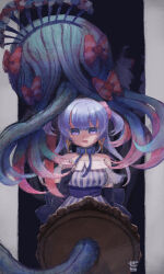 Rule 34 | 1girl, arm at side, artist name, back bow, bare shoulders, black gloves, blue bow, blue dress, blue hair, bow, cendrillon (madoka magica), collared dress, dark, doppel (madoka magica), dress, earrings, elbow gloves, empty eyes, fingerless gloves, frilled sleeves, frills, gera-magia, gloves, hair ornament, hair scrunchie, hand up, highres, jewelry, magia record: mahou shoujo madoka magica gaiden, magical girl, mahou shoujo madoka magica, medium hair, minami rena, off-shoulder dress, off shoulder, open mouth, scrunchie, short sleeves, solo, striped clothes, striped dress, third-party source, triangle earrings, two side up, upper body, vertical-striped clothes, vertical-striped dress