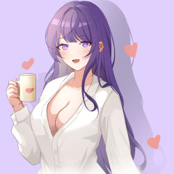 Rule 34 | 1girl, :d, blush, breasts, bu weizhuang, cleavage, commentary request, cup, genshin impact, holding, holding cup, large breasts, long hair, long sleeves, looking at viewer, mug, open mouth, purple eyes, purple hair, raiden shogun, shirt, smile, solo, upper body, very long hair, white shirt