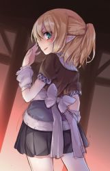 Rule 34 | 1girl, blonde hair, blue eyes, blush, cowboy shot, from behind, hand up, highres, looking at viewer, looking back, mizuhashi parsee, oborofu, open mouth, pointy ears, profile, short sleeves, smile, solo, touhou