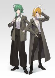 Rule 34 | 2girls, ahoge, bag, belt, black footwear, black pants, blonde hair, blue eyes, boots, bow, bow hairband, coat, commentary, cross-laced footwear, dress shirt, expressionless, full body, green eyes, green hair, grey background, grey coat, gumi, hair bow, hairband, hand in own hair, hand in pocket, hand up, highres, kagamine rin, lace-up boots, looking at viewer, multiple girls, open clothes, open shirt, pants, shirt, short hair with long locks, shoulder bag, sidelocks, standing, vocaloid, white bow, white shirt, wounds404