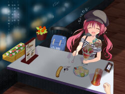 Rule 34 | 1girl, 1other, :d, ^ ^, absurdres, black headwear, blush, candy, cellphone, chinese commentary, chinese text, closed eyes, commentary, dating, facing another, feeding, food, fruit, hair between eyes, happy, highres, holding, holding spoon, indoors, jidijichengren, key, kiwi (fruit), lollipop, long hair, low twintails, menu, night, off-shoulder shirt, off shoulder, official alternate costume, open mouth, parfait, phone, plant, potted plant, red hair, ren&#039;ai karichaimashita, restaurant, shirt, short sleeves, sitting, smartphone, smile, solo focus, spoon, strawberry, striped clothes, striped shirt, tenma hasumi, translation request, twintails, upper body, white shirt, wide shot, window