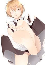 Rule 34 | 1girl, :p, barefoot, blush, bottomless, clothes lift, closed eyes, feet, foot focus, from below, highres, ju yorimoto, lifted by self, light brown hair, maid, maid headdress, pov, sexually suggestive, short hair, simple background, skirt, skirt lift, smile, soles, toes, tongue, tongue out