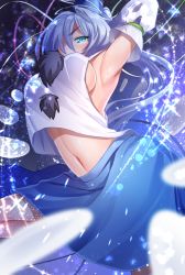 Rule 34 | 1girl, armpits, arms up, blue eyes, blue hair, blue hat, blue skirt, bouncing breasts, breasts, detached sleeves, grey hair, hair over one eye, hat, hat ribbon, light blue hair, long sleeves, medium breasts, medium hair, medium skirt, midriff, mononobe no futo, navel, no bra, pom pom (clothes), ponytail, red ribbon, ribbon, sea scorpion (umisasori), sideboob, skirt, solo, stomach, tate eboshi, touhou, v-shaped eyebrows, vest, white ribbon, white sleeves, white vest, wide sleeves