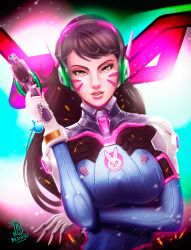 Rule 34 | 1girl, bodysuit, breasts, brown eyes, brown hair, charm (object), d.va (overwatch), facial mark, gastuns, gloves, gun, headphones, highres, large breasts, lips, long hair, looking at viewer, nose, overwatch, overwatch 1, pilot suit, skin tight, solo, weapon, whisker markings, white gloves