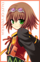 Rule 34 | 00s, 1girl, brown hair, copyright name, goggles, goggles on head, green eyes, jacket, miyu (matsunohara), rita mordio, short hair, smile, solo, tales of (series), tales of vesperia, white background