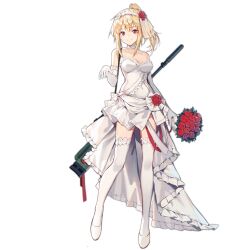 Rule 34 | 1girl, bare shoulders, blonde hair, bolt action, bouquet, breasts, choker, cleavage, closed mouth, collarbone, dress, elbow gloves, flower, full body, girls&#039; frontline, gloves, hair flower, hair ornament, hairband, holding, holding bouquet, huanxiang heitu, long hair, looking at viewer, medium breasts, official alternate costume, official art, ponytail, red eyes, red flower, red rose, rose, smile, sniper rifle, solo, standing, suppressor, sv-98, sv-98 (girls&#039; frontline), sv-98 (pierce your heart!) (girls&#039; frontline), thighhighs, transparent background, weapon, weapon on back, wedding dress, white choker, white footwear, white gloves, white thighhighs