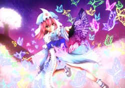 Rule 34 | 1girl, action, ankle ribbon, black footwear, breasts, bug, butterfly, cherry blossoms, cloud, floral print, folding fan, foreshortening, frilled kimono, frills, glowing, glowing butterfly, hair between eyes, hand fan, hat, highres, insect, japanese clothes, kimono, leg ribbon, leg up, legs, long sleeves, medium breasts, merxkialis, mob cap, night, night sky, petals, pink hair, pink sky, purple sky, rainbow order, red eyes, ribbon, saigyouji yuyuko, saigyouji yuyuko&#039;s fan design, serious, shippou (pattern), shoes, short hair, sky, bow legwear, socks, solo, thighs, touhou, triangular headpiece, twilight, veil, white socks, wide sleeves