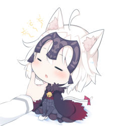 Rule 34 | 1boy, 1girl, :o, ahoge, animal ears, arm guards, bell, beni shake, black dress, black pantyhose, blush, cape, cat ears, cat tail, chibi, closed eyes, dress, fate/grand order, fate (series), food, fujimaru ritsuka (male), full body, hand on another&#039;s chin, headpat, headpiece, jeanne d&#039;arc (fate), jeanne d&#039;arc (ruler) (fate), jeanne d&#039;arc alter (avenger) (fate), jeanne d&#039;arc alter (fate), jingle bell, kemonomimi mode, lowres, mini person, minigirl, onigiri, open mouth, pantyhose, purple cape, red ribbon, ribbon, short hair, silver hair, simple background, sitting, sleepy, solo focus, tail, tail ornament, tail ribbon, wariza, white background