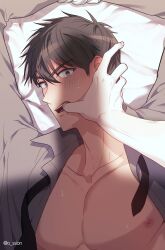 Rule 34 | 2boys, absurdres, bare pectorals, blush, brown eyes, brown hair, finger in another&#039;s mouth, highres, implied yaoi, jeong taeui, looking at viewer, male focus, multiple boys, nipples, o ssion, on bed, open clothes, passion (manhwa), pectorals, pov, pov hands