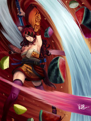 Rule 34 | 1girl, animal ears, breasts, cat ears, choker, cleavage, commentary, commission, curly hair, cutting, detached sleeves, dress, dual wielding, eyepatch, fantasy, food, fruit, highres, holding, katana, long hair, making-of available, medium breasts, motion blur, one-eyed, original, purple thighhighs, red hair, ryu shou, slicing, slit pupils, solo, strapless, strapless dress, sword, thighhighs, watermelon, weapon, yellow eyes, zettai ryouiki
