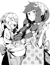 Rule 34 | 2girls, apron, argyle, argyle clothes, argyle scarf, baking, blush, blush stickers, bowl, closed eyes, cookie, debacoq, female focus, food, greyscale, head scarf, highres, kirisame marisa, monochrome, multiple girls, open mouth, patchouli knowledge, plaid, scarf, sleeves rolled up, touhou, unmoving pattern