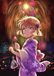 Rule 34 | 1girl, back bow, bag, bow, brown hair, fireworks, floral print, flower, haibara ai, hair flower, hair ornament, highres, holding, holding bag, japanese clothes, kimono, looking at viewer, looking back, meitantei conan, open mouth, outdoors, pink bow, plastic bag, purple eyes, purple flower, purple kimono, rosette (roze-ko), short hair, sketch, solo, yukata