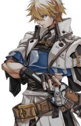 Rule 34 | 1boy, belt, black gloves, blonde hair, blue eyes, dong hole, english text, fingerless gloves, from side, gloves, guilty gear, hair between eyes, highres, ky kiske, looking to the side, male focus, sheath, sheathed, short hair, simple background, solo, sword, thunderseal, weapon, white background