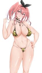 1girl, animal print, bikini, breasts, bremerton (azur lane), cleavage, feet out of frame, highres, holding, holding racket, large breasts, leopard print, multi-strapped bikini bottom, multicolored hair, racket, ranhatu, red eyes, shiny, shiny skin, solo, streaked hair, swimsuit, thumbs up, white background