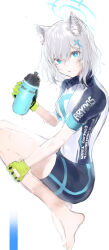 Rule 34 | 1girl, animal ears, barefoot, bike shorts, blue archive, blue eyes, bottle, breasts, cross hair ornament, gloves, green gloves, grey hair, hair ornament, halo, highres, holding, holding bottle, late 02, mismatched pupils, parted lips, shiroko (blue archive), shiroko (cycling) (blue archive), shirt, short hair, short sleeves, small breasts, solo, sweat, water bottle, white background, wolf ears