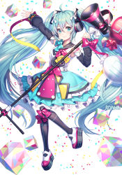 Rule 34 | 1girl, artist name, black thighhighs, blue eyes, blue hair, blush, bow, breasts, closed mouth, confetti, cube, full body, hatsune miku, long hair, looking at viewer, magical mirai (vocaloid), magical mirai miku, magical mirai miku (2018), medium breasts, pink bow, roang, smile, solo, speaker, thighhighs, twintails, very long hair, vocaloid, white background