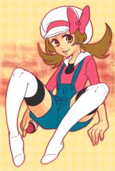 Rule 34 | 00s, 1girl, brown hair, cabbie hat, creatures (company), game freak, hat, holding, holding poke ball, lyra (pokemon), mairu, nintendo, no shoes, overalls, poke ball, poke ball (basic), pokemon, pokemon hgss, ribbon, short twintails, smile, solo, spread legs, thighhighs, twintails, white thighhighs