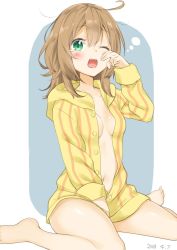 Rule 34 | 1girl, ;o, ahoge, blush, breasts, brown hair, commentary request, dated, green eyes, hair between eyes, kuro gogolions, long hair, long sleeves, looking at viewer, messy hair, navel, one eye closed, open clothes, original, pajamas, rubbing eyes, shirt, sidelocks, simple background, sitting, sleepy, small breasts, solo, striped clothes, striped pajamas, tears, teeth, unbuttoned, wariza, yellow shirt