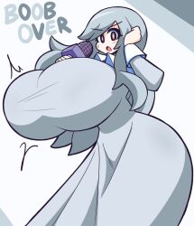 Rule 34 | 1girl, blush, breasts, brown eyes, curvy, dress, english text, eyelashes, female focus, gensin, grey dress, holding, holding microphone, huge breasts, long sleeves, microphone, motion lines, open mouth, solo, standing, thick thighs, thighs, wide hips