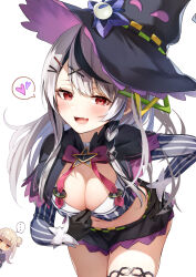 Rule 34 | 2girls, black capelet, black gloves, black hair, black headwear, black skirt, blush, bow, bowtie, brat (brabrabrat00), breasts, capelet, cleavage, cosplay, cropped shirt, gloves, grey hair, grey shirt, hair bun, hair ornament, hat, highres, hololive, large breasts, long hair, long sleeves, looking at viewer, midriff, miniskirt, multicolored hair, multiple girls, murasaki shion, murasaki shion (1st costume), murasaki shion (cosplay), open mouth, pink bow, pink bowtie, pinstripe pattern, pinstripe shirt, purple capelet, red eyes, sakamata chloe, shirt, single side bun, skirt, smile, streaked hair, striped clothes, striped shirt, thighlet, thighs, tilted headwear, twintails, vertical-striped clothes, vertical-striped shirt, virtual youtuber, white background, witch hat, x hair ornament