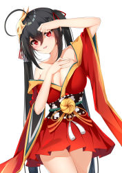 Rule 34 | 1girl, absurdres, ahoge, azur lane, bad id, bad pixiv id, black hair, blush, breasts, catnnn, cleavage, collarbone, commentary request, cowboy shot, crossed bangs, hair between eyes, hair ribbon, hand on own chest, hand over face, head tilt, highres, japanese clothes, kimono, large breasts, long hair, looking at viewer, mask, mask on head, obi, obijime, off shoulder, parted lips, red eyes, red kimono, red ribbon, ribbon, sash, short kimono, simple background, smile, solo, standing, striped ribbon, taihou (azur lane), twintails, very long hair, white background, wide sleeves