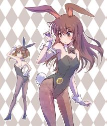 Rule 34 | 2girls, animal ears, ass, bow, bowtie, breasts, brown hair, bunny day, checkered background, cleavage, coco adel, commentary request, detached collar, fake animal ears, fake tail, fishnet pantyhose, fishnets, high heels, iesupa, leotard, multiple girls, pantyhose, playboy bunny, playboy bunny, rabbit ears, rabbit girl, rabbit tail, rwby, tail, velvet scarlatina, wrist cuffs