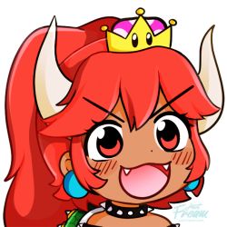 Rule 34 | &gt;:d, 1girl, armlet, blush, bowsette, collar, commentary, dark-skinned female, dark skin, earrings, eyelashes, fangs, fream, gyate gyate, horns, jewelry, long hair, mario (series), meme, new super mario bros. u deluxe, nintendo, open mouth, ponytail, portrait, red eyes, red hair, solo, spiked armlet, spiked collar, spikes, super crown, transparent background, turtle shell, v-shaped eyebrows, watermark