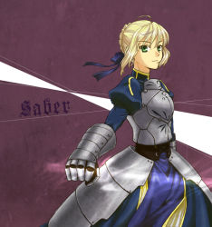 Rule 34 | 1girl, ahoge, armor, armored dress, artoria pendragon (all), artoria pendragon (fate), bad id, bad pixiv id, blonde hair, character name, dress, fate/stay night, fate (series), faulds, gauntlets, green eyes, hair ribbon, hisame2501, invisible air (fate), ribbon, saber (fate), solo