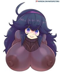 Rule 34 | 1girl, @ @, ahoge, breasts, cleavage, covered erect nipples, creatures (company), female focus, game freak, hairband, hex maniac (pokemon), highres, huge breasts, long hair, looking at viewer, matching hair/eyes, mato spectoru, nintendo, parted lips, pokemon, pokemon xy, purple eyes, purple hair, see-through, see-through cleavage, smile, solo, upper body